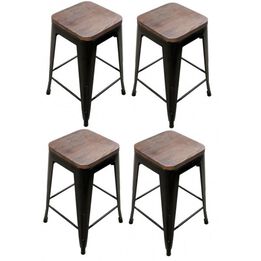 Set of 4 Stamped Bronze Metal Barstools With Wood Seat