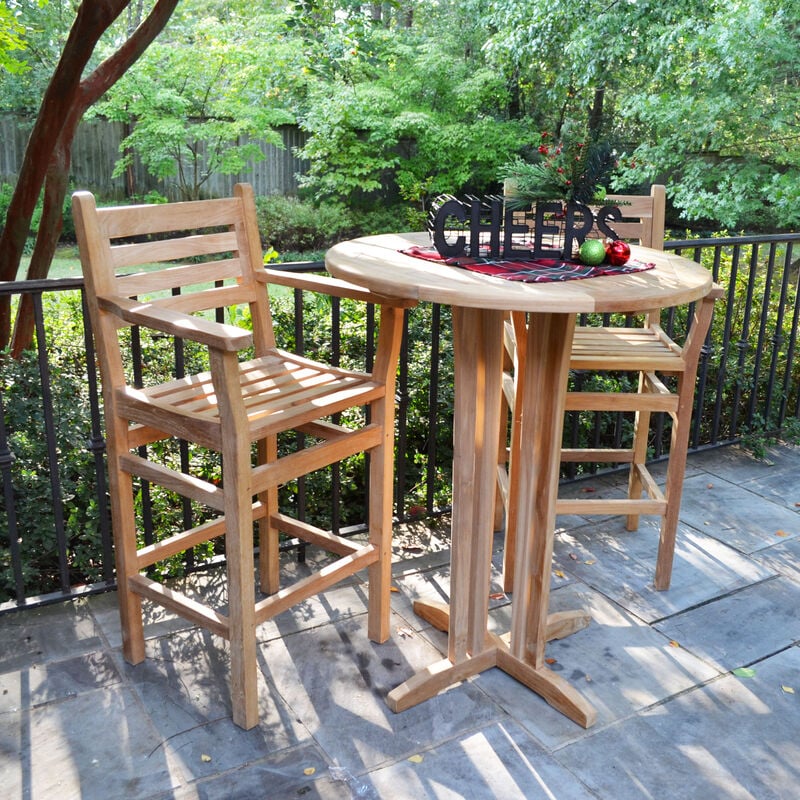 teak 35" round bar table & arizona chairs - wood backyard outdoor patio